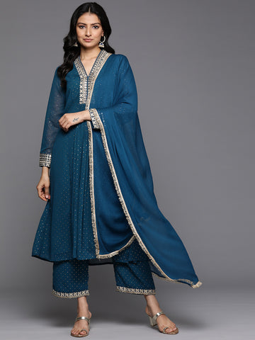 Varanga Women Blue Dotted Zari And Mirror Embellished A-Line Kurta With Bottom And Dupatta