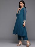 Varanga Women Blue Dotted Zari And Mirror Embellished A-Line Kurta With Bottom And Dupatta