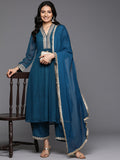 Varanga Women Blue Dotted Zari And Mirror Embellished A-Line Kurta With Bottom And Dupatta