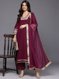 Varanga Women Dot Printed Burgundy Gota Pati Lace Embroidered Kurta With Bottom And Dupatta.