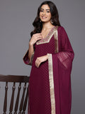 Varanga Women Dot Printed Burgundy Gota Pati Lace Embroidered Kurta With Bottom And Dupatta.