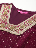 Varanga Women Dot Printed Burgundy Gota Pati Lace Embroidered Kurta With Bottom And Dupatta.