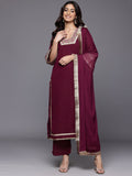 Varanga Women Dot Printed Burgundy Gota Pati Lace Embroidered Kurta With Bottom And Dupatta.