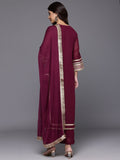 Varanga Women Dot Printed Burgundy Gota Pati Lace Embroidered Kurta With Bottom And Dupatta.