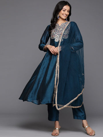 Varanga Women Blue Zari And Thread Embroidered A-Line Kurta With Bottom And Dupatta