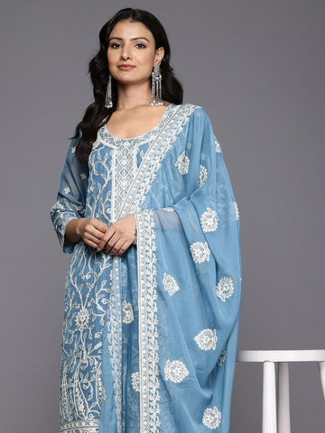 Varanga Women Blue Chikankari Round Neck with Zari Embroidered Kurta Set with Embroidered Dupatta