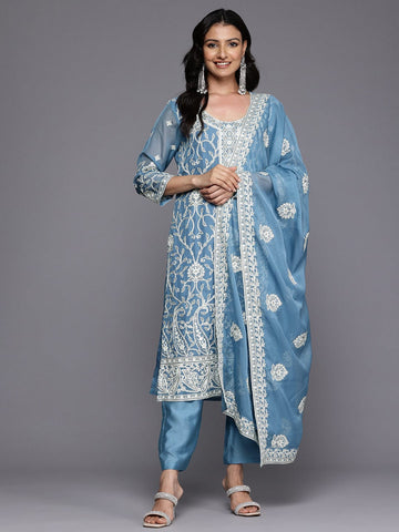 Varanga Women Blue Chikankari Round Neck with Zari Embroidered Kurta Set with Embroidered Dupatta