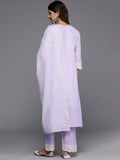 Varanga Women Lavender Round Neck Thread Embroiderd Kurta Paired With Bottom And Scallop Dupatta