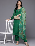 Varanga Women  Green V-Neck Dabka And Cutdana Work  Straight Kurta Paired With Bottom And Embroidered Dupatta