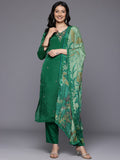 Varanga Women  Green V-Neck Dabka And Cutdana Work  Straight Kurta Paired With Bottom And Embroidered Dupatta