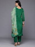 Varanga Women  Green V-Neck Dabka And Cutdana Work  Straight Kurta Paired With Bottom And Embroidered Dupatta