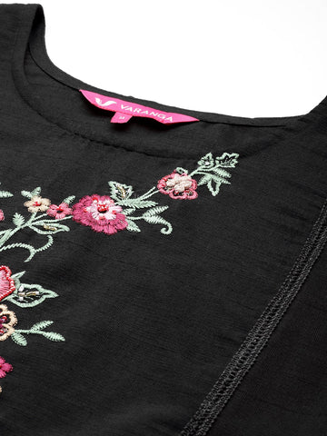 Varanga Women Black Embroidered Scallop Kurta Paired With Bottom And Dupatta