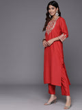 Varanga Women Red  Zari Embroidered Kurta With Bottom And Dupatta