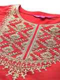 Varanga Women Red  Zari Embroidered Kurta With Bottom And Dupatta