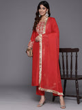 Varanga Women Red  Zari Embroidered Kurta With Bottom And Dupatta