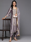 Varanga Women Mauve Round Neck With Heavy Zari Embroidered Kurta With Bottom And Dupatta