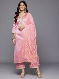 Varanga Women Pink Woven Jacquard Lace Embellished Kurta With Bottom And Dupatta