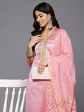 Varanga Women Pink Woven Jacquard Lace Embellished Kurta With Bottom And Dupatta