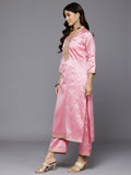 Varanga Women Pink Woven Jacquard Lace Embellished Kurta With Bottom And Dupatta