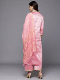 Varanga Women Pink Woven Jacquard Lace Embellished Kurta With Bottom And Dupatta