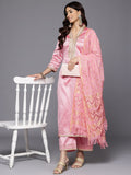 Varanga Women Pink Woven Jacquard Lace Embellished Kurta With Bottom And Dupatta