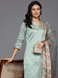 Varanga Women Sea Green Jacquard Weave Lace Embellished Kurta With Bottom And Dupatta