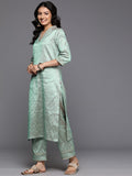 Varanga Women Sea Green Jacquard Weave Lace Embellished Kurta With Bottom And Dupatta