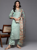 Varanga Women Sea Green Jacquard Weave Lace Embellished Kurta With Bottom And Dupatta