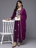 Varanga Women Purple Round Neck Chikankari Embroidered  Kurta With Tonal Bottom And Chiffon Dupatta