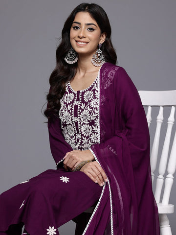 Varanga Women Purple Round Neck Chikankari Embroidered  Kurta With Tonal Bottom And Chiffon Dupatta