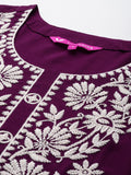 Varanga Women Purple Round Neck Chikankari Embroidered  Kurta With Tonal Bottom And Chiffon Dupatta