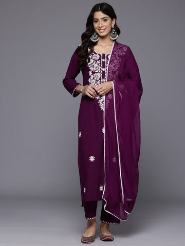 Varanga Women Purple Round Neck Chikankari Embroidered  Kurta With Tonal Bottom And Chiffon Dupatta