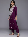 Varanga Women Purple Round Neck Chikankari Embroidered  Kurta With Tonal Bottom And Chiffon Dupatta