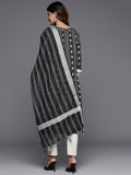 Varanga Women Black Round Neck Woven Design Kurta With Striped Bottom And Dupatta
