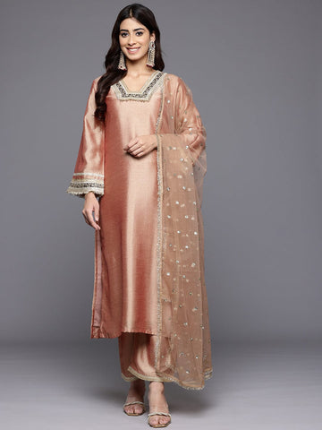 Varanga Women Peach Zari And Dori Embellished Kurta Paired With Bottom And Dupatta