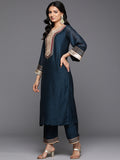 Varanga Women Navy Blue Lace Embelished Kurta With Bottom And Contarst Sequins Dupatta