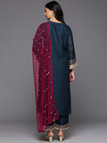 Varanga Women Navy Blue Lace Embelished Kurta With Bottom And Contarst Sequins Dupatta