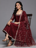 Varanga Women Maroon Zari Embroidered Sequins Embellished Anarkali Kurta With Tonal Bottom And Dupatta