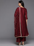 Varanga Women Maroon Zari Embroidered Sequins Embellished Anarkali Kurta With Tonal Bottom And Dupatta