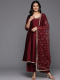 Varanga Women Maroon Zari Embroidered Sequins Embellished Anarkali Kurta With Tonal Bottom And Dupatta