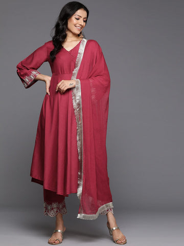 Varanga Women Maroon Angrakha Style Zari Embroidered Anarkali With Bottom & Dupatta