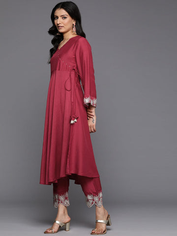 Varanga Women Maroon Angrakha Style Zari Embroidered Anarkali With Bottom & Dupatta