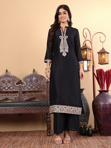 Varanga Women Black Zari Embroidered Kurta with Bottom and Dupatta