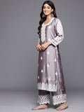 Varanga Women Lavender Thread Embroidered Kurta With Bottom And Dupatta