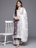 Varanga Women Lavender Thread Embroidered Kurta With Bottom And Dupatta