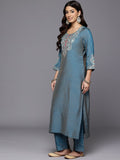 Varanga Women Blue Zari Embroidered Mirror Embellished Kurta With Bottom And Dupatta