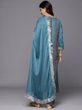 Varanga Women Blue Zari Embroidered Mirror Embellished Kurta With Bottom And Dupatta