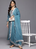 Varanga Women Blue Zari Embroidered Mirror Embellished Kurta With Bottom And Dupatta