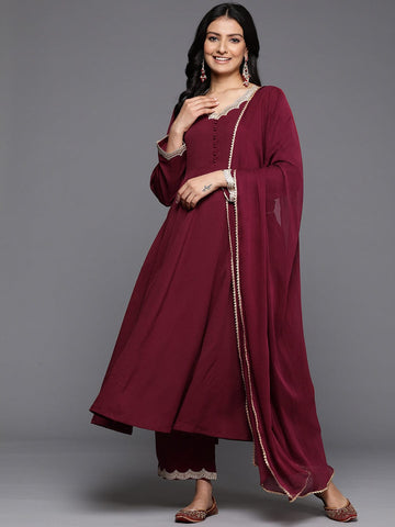 Varanga Women Maroon Zari And Sequins Embellished Anarakli Kurta Paired With Bottom And Dupatta