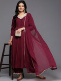 Varanga Women Maroon Zari And Sequins Embellished Anarakli Kurta Paired With Bottom And Dupatta